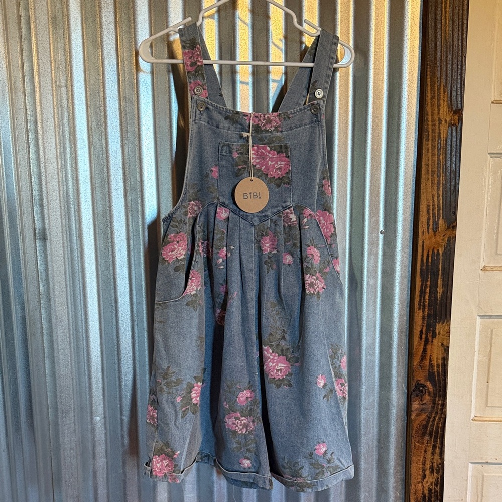 BiBi Denim Overalls with Pink Floral Pattern
